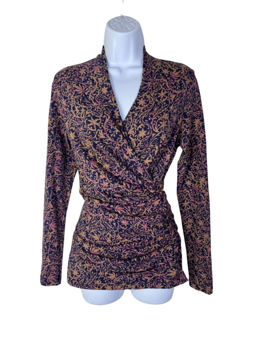 Peruvian Connection Womens Wrap Top Floral Long Sleeves Cotton Blend Size Small